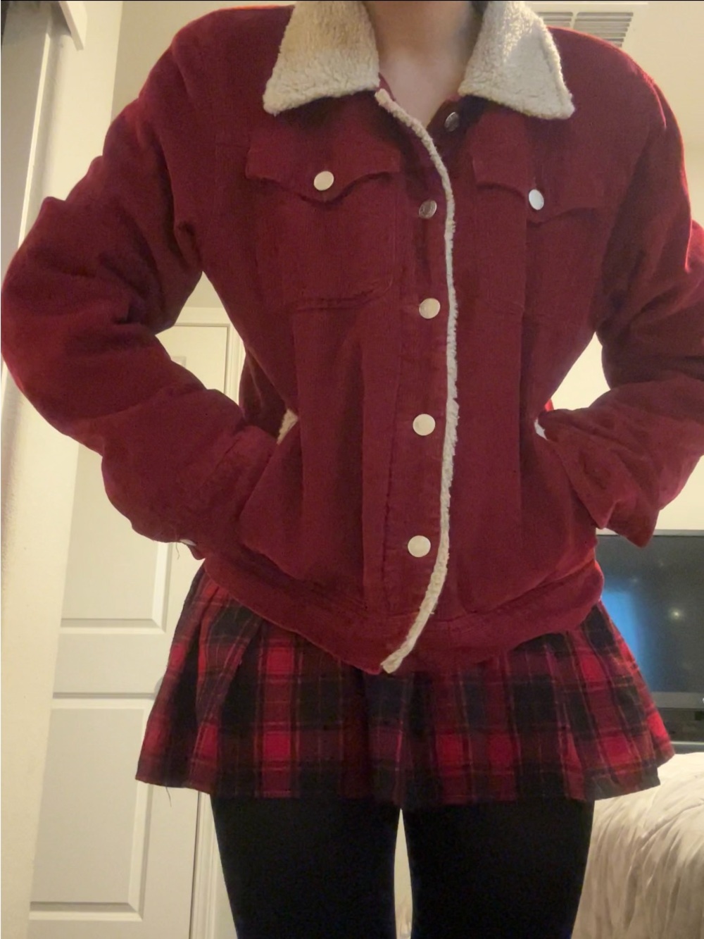 Cozy Sherpa-Lined corduroy Jacket in Wine Red